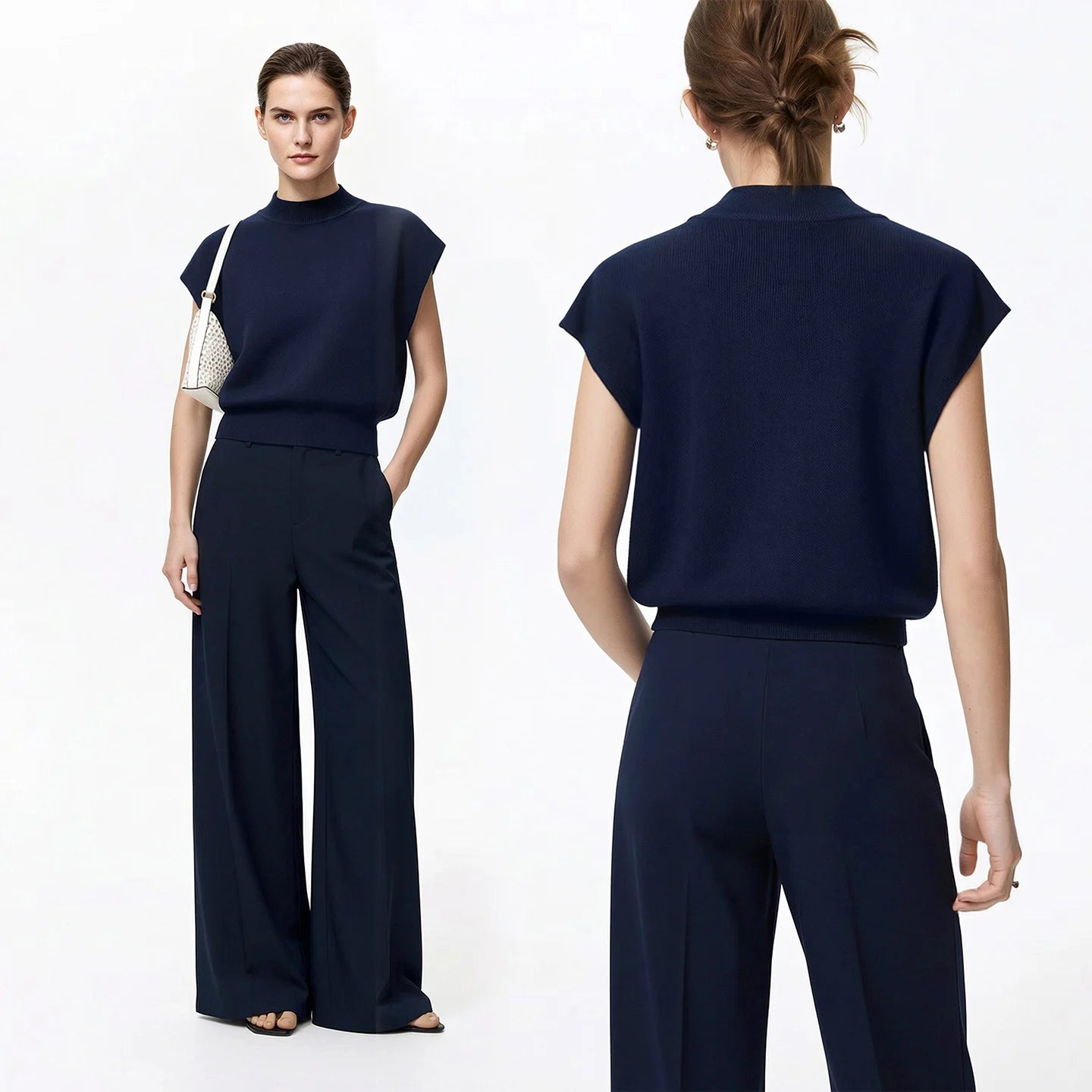 Damen-Strickpullover im Crop-Style, dunkelblau, Rückansicht mit hohem Kragen