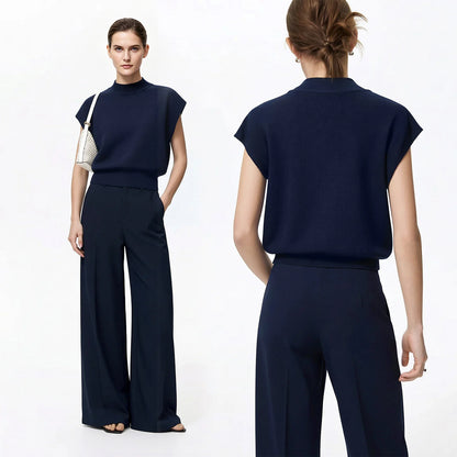 Damen-Strickpullover im Crop-Style, dunkelblau, Rückansicht mit hohem Kragen