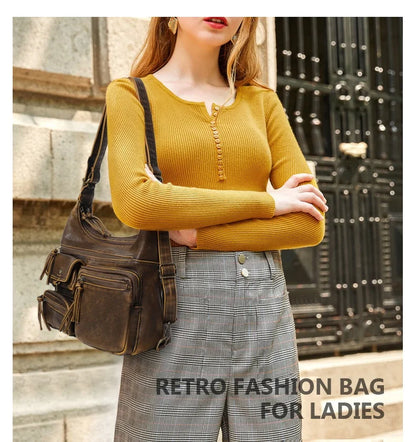 Damen-Schultertasche aus PU Großes Fassungsvermögen mit Innenfächern Vintage-Look Schwarz