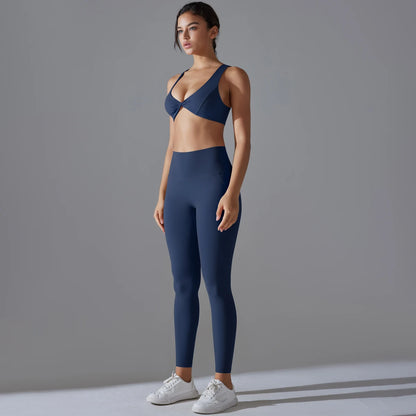 Damen-Yoga-Set in Navy: Sport-BH mit V-Ausschnitt und Leggings, Seitenansicht