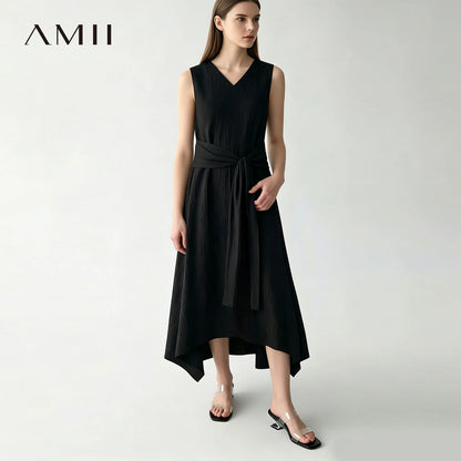 Stylisches Ärmelloses Damen Midikleid Knitterarm Mit Gürtel