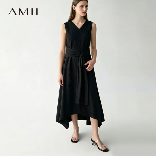 Ärmelloses Midikleid für Damen in Schwarz mit V-Ausschnitt und Gürtelbindung