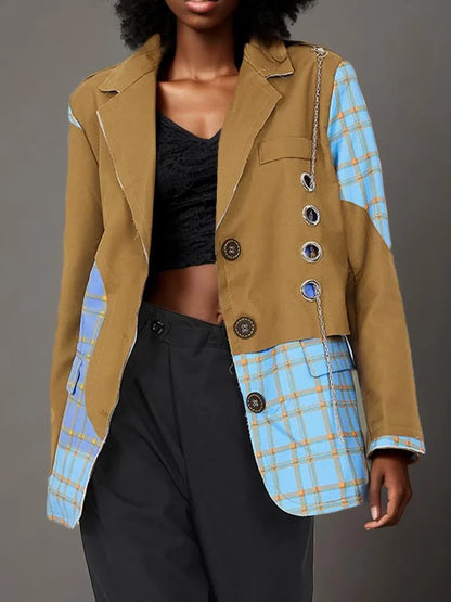 Patchwork-Blazer für Damen mit Knopfleiste und Notch-Kragen – Langarm-Design mit Hohlschnitt und Taschen