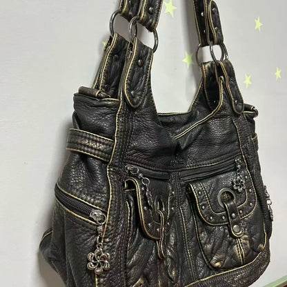 Damen-Schultertasche aus PU Bronze Retro-Stil mit Topgriff und Smartphonefach große Kapazität
