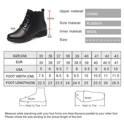 Schwarze Schnür-Stiefelette mit Materialangaben und Größenübersicht (Dermis, Rubber, Wool)
