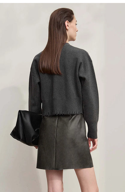 Damen-Strickjacke V-Ausschnitt kurz Quaste locker Langarm Herbst