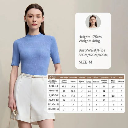 Damen-Strickpullover mit Stehkragen, Kurzarm, hellblauer Feinstrick, slim