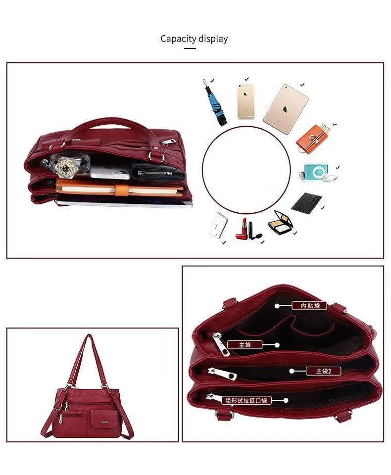 Damen-Handtasche Vintage Schultertasche mit Mehrfachfächern und große Kapazität für iPad und Smartphone