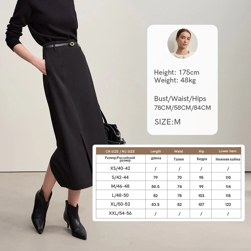 Wadenlanger A-Linien-Rock aus Stretch, schwarz, mit Gürtelbund und Schlitz vorn