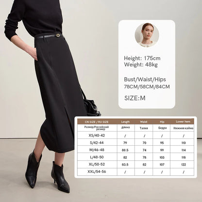 Wadenlanger A-Linien-Rock aus Stretch, schwarz, mit Gürtelbund und Schlitz vorn