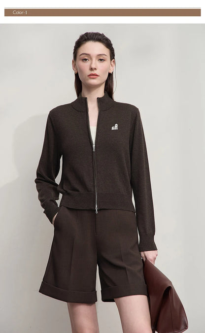 Damen-Rollkragen-Strickjacke kurz Reißverschluss Wolle Herbst-Winter