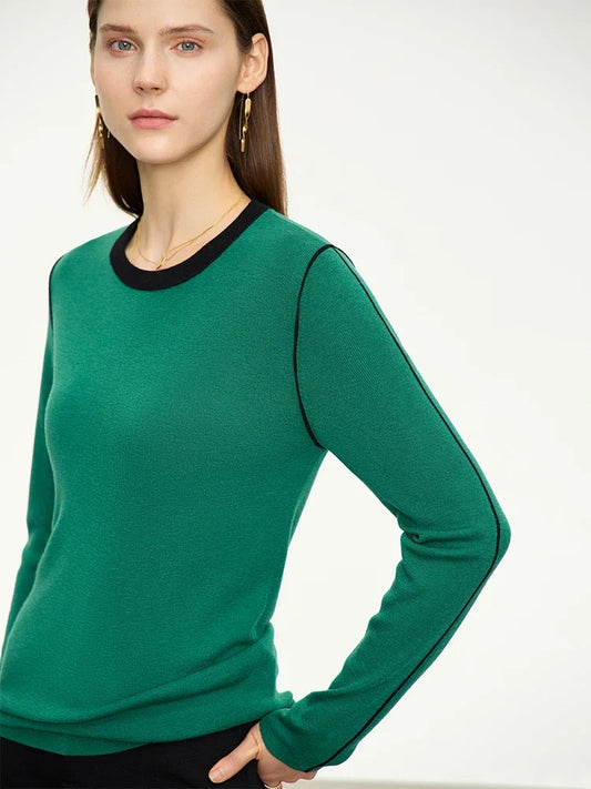 Damen-Rundhalspullover Patchwork Slim Wolle-Mix Herbst-Winter