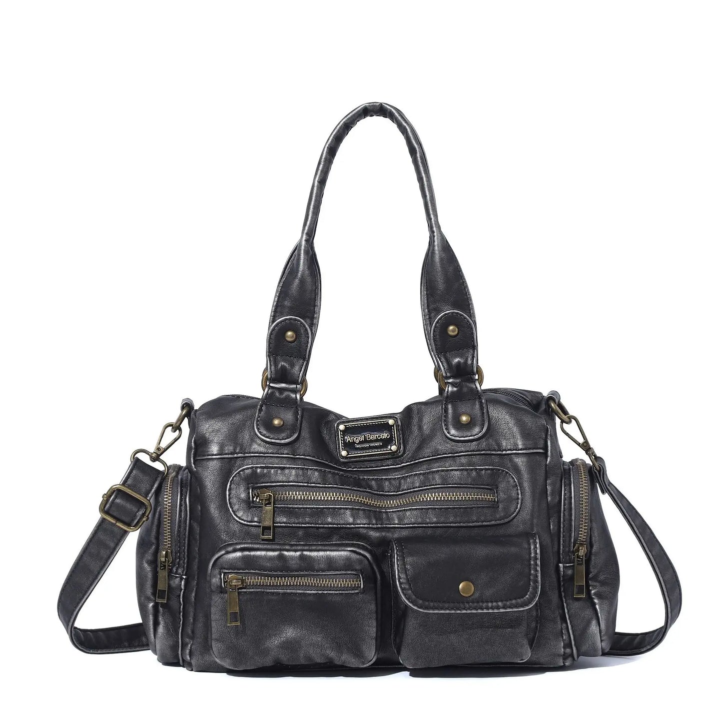 Damen-Satchel-Tasche Vintage-Schwarz Großes Fassungsvermögen Mit Abnehmbarem Tragegurt