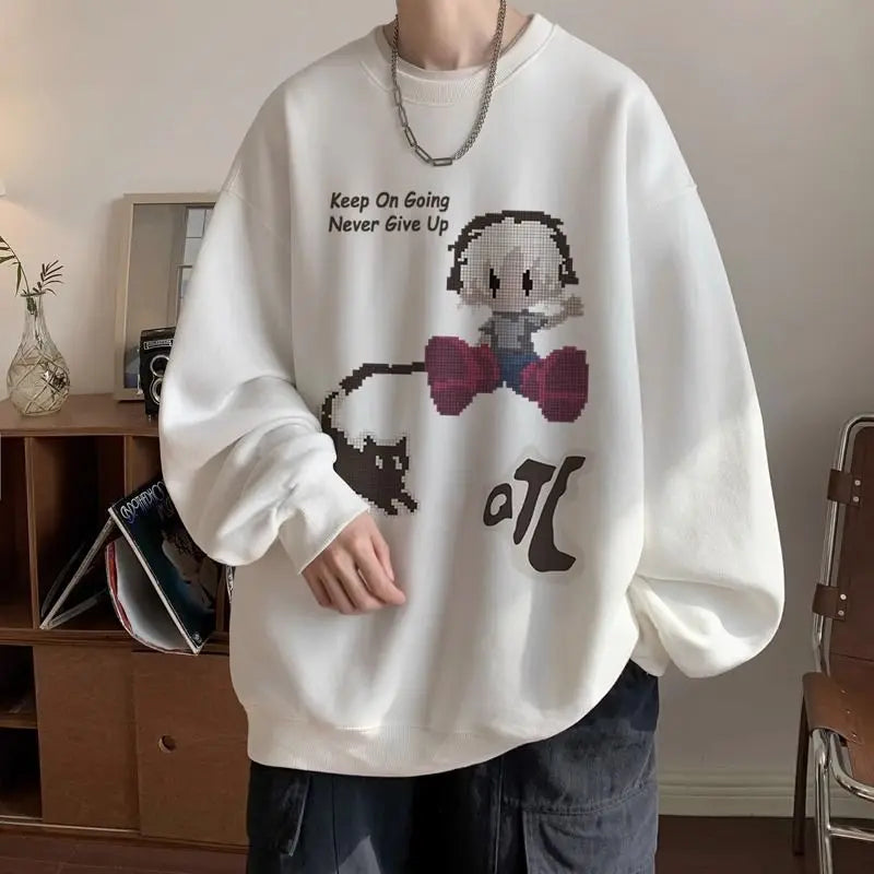 Japanischer Vintage-Pullover mit Fleece, Rundhalsausschnitt und Print – Lässiger Langarm-Hoodie für Herren im Winter.