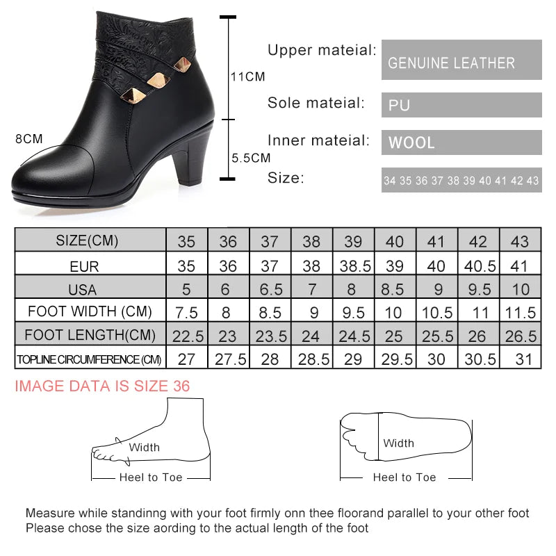 Größentabelle und Materialangaben für schwarze Damenstiefeletten