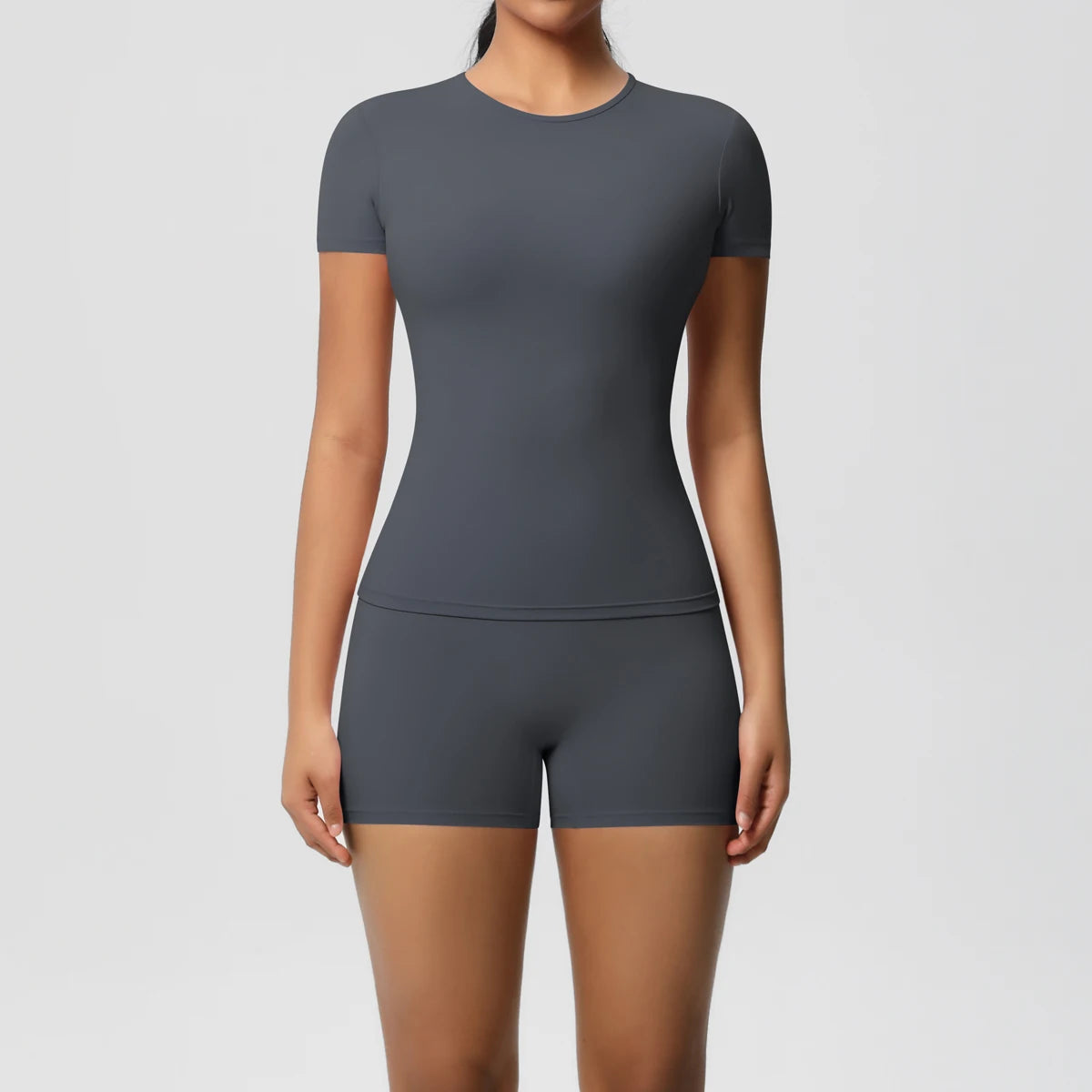 Damen-Fitness-Set: Kurzarm-Top und Bike-Shorts in Anthrazitblau