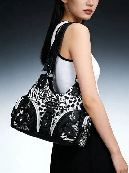 Damen Schultertasche Leopard-Print mit Mehrfachfächern und weichem Oberflächenfinish