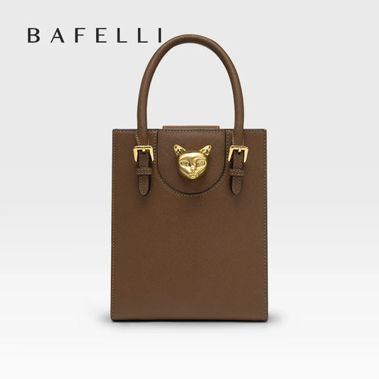 Damenhandtasche aus Echtleder, braun, mit goldfarbenem Katzenkopf-Schmuck und Tragehenkeln