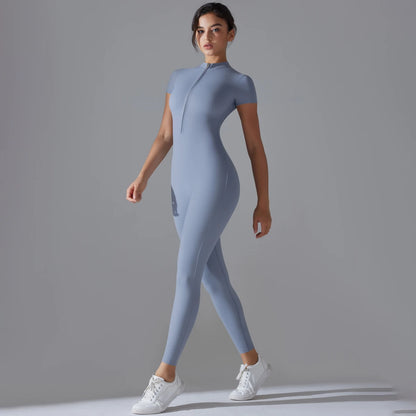 Hellblauer Damen-Sport-Bodysuit, kurzarm, hoher Ausschnitt, Reißverschluss vorn