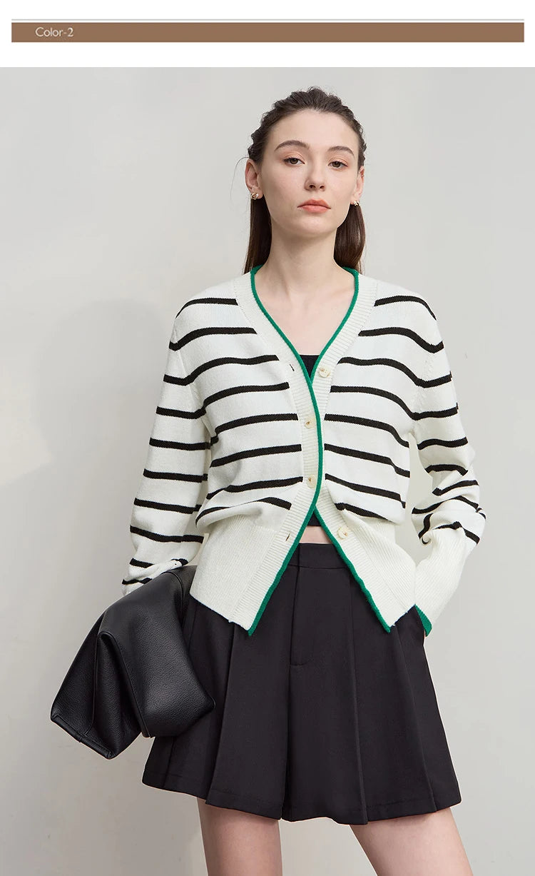 Damen-Strickjacke Streifen V-Ausschnitt locker Wolle Herbst-Winter