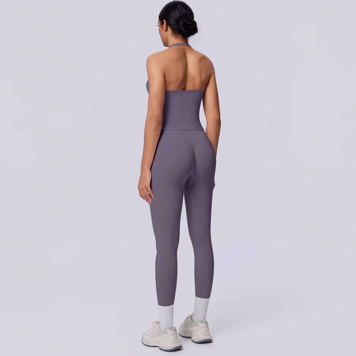 Nahtloses Yoga-Set für Damen, ärmelloses Top und Capri-Leggings in Grauviolett