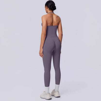 Nahtloses Yoga-Set für Damen, ärmelloses Top und Capri-Leggings in Grauviolett