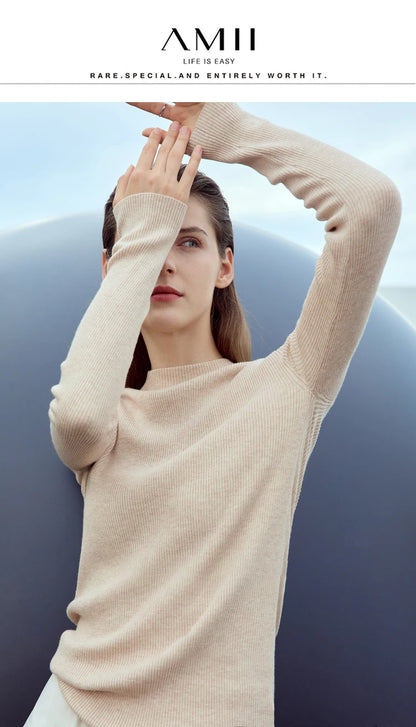 Beiger Rollkragenpullover für Damen mit langen Ärmeln, schmaler Schnitt