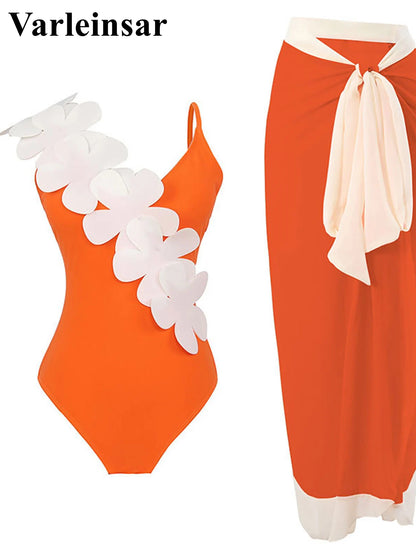 Damen Badeanzug Sarong 3D-Blumen tiefer V-Ausschnitt hoher Beinausschnitt