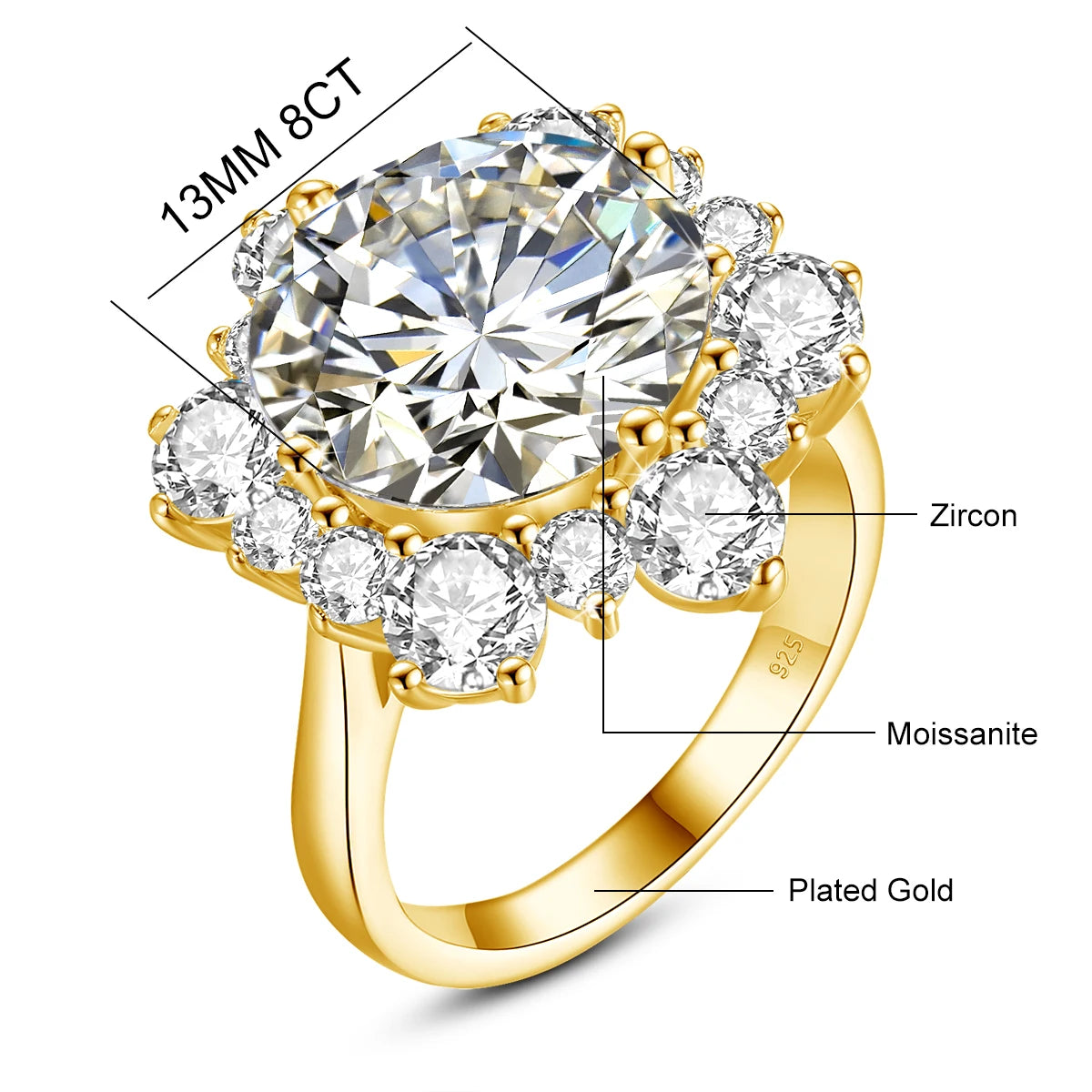 Damen-Ring Moissanit 8ct Rundschliff 13mm Zertifiziert für Verlobung oder Hochzeit