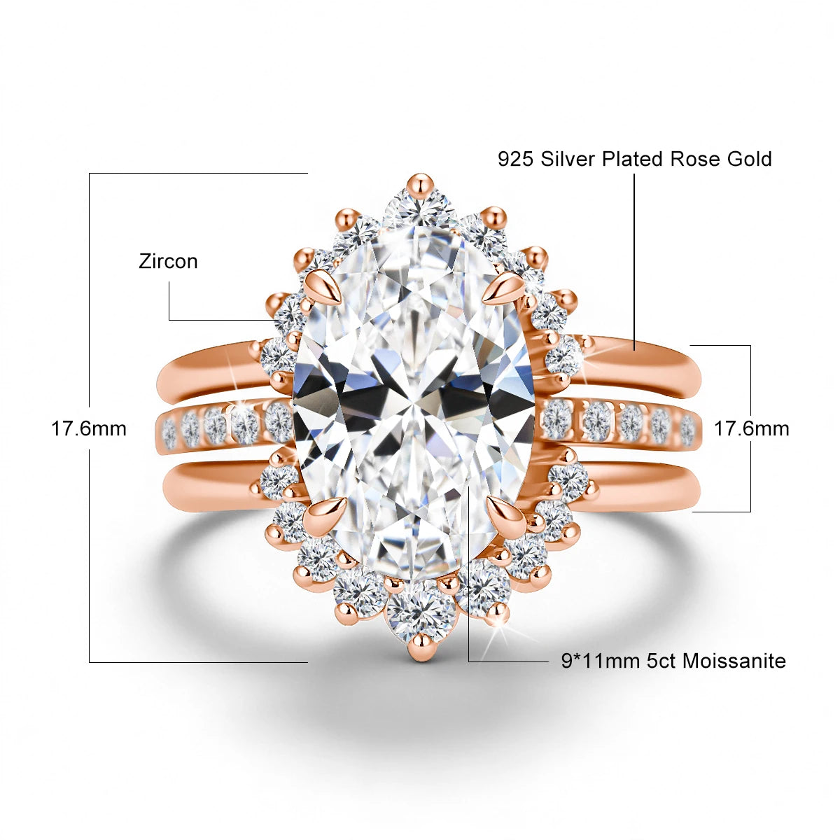 Damen-Verlobungsring-Set aus Silber mit ovalem Moissanit, 5 Karat Gesamt, 3-Teiliges Ringset, Zertifikat