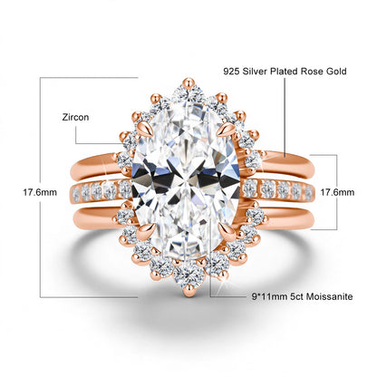 Damen-Verlobungsring-Set aus Silber mit ovalem Moissanit, 5 Karat Gesamt, 3-Teiliges Ringset, Zertifikat