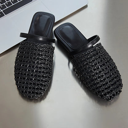 AIYUQI 2025, neue Stil, geschlossene Zehen-Damenhausschuhe, gewebte, rutschfeste römische Hausschuhe für Frauen, große Sommer-Strand-Damenschuhe