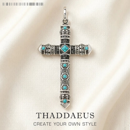 Damen-Charm-Anhänger Kreuz blauer Stein Türkis Glaube aus Sterlingsilber