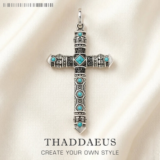 Damen-Charm-Anhänger Kreuz blauer Stein Türkis Glaube aus Sterlingsilber