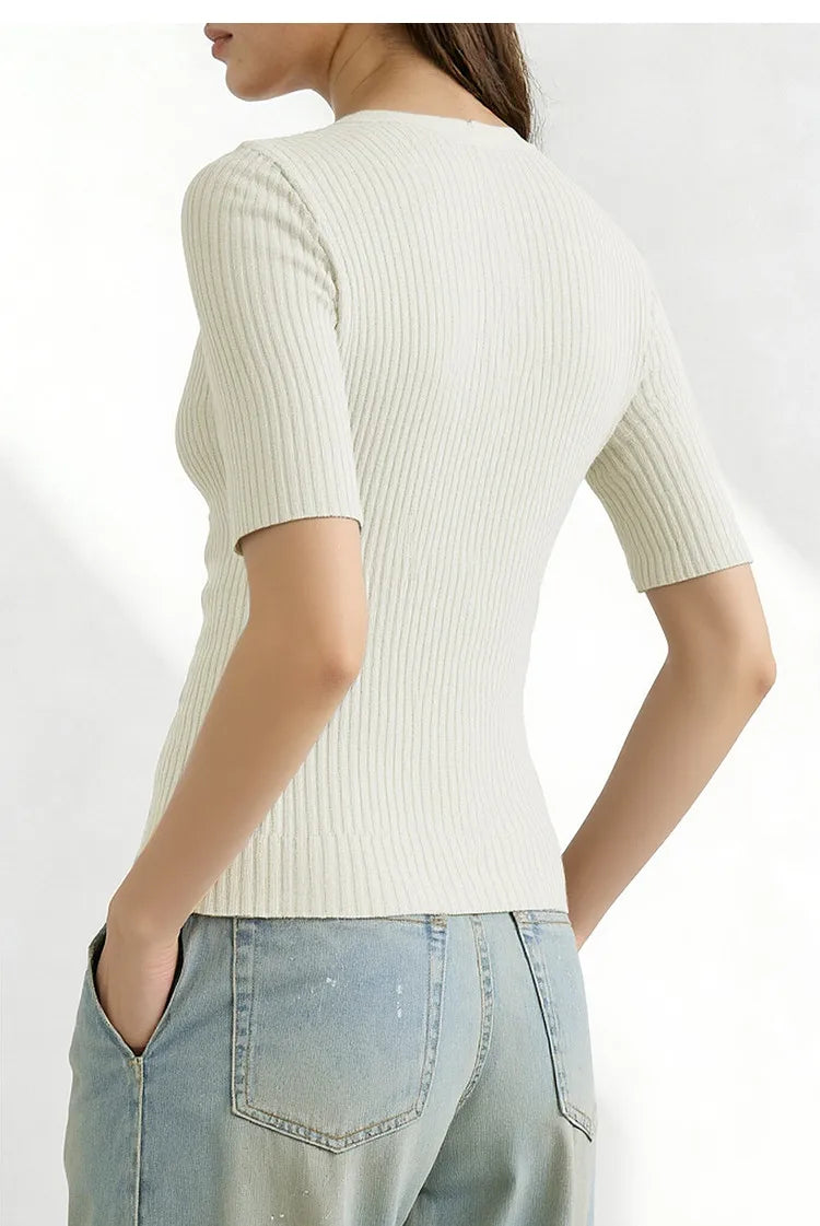 Damen V-Ausschnitt Pullover gerippt Kurzarm Viskose Büro Sommer