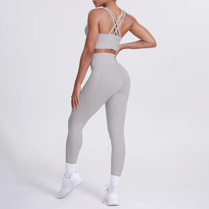 Yoga-Set mit Sporttop und Leggings, hellgrau, gekreuzte Träger, hoher Bund