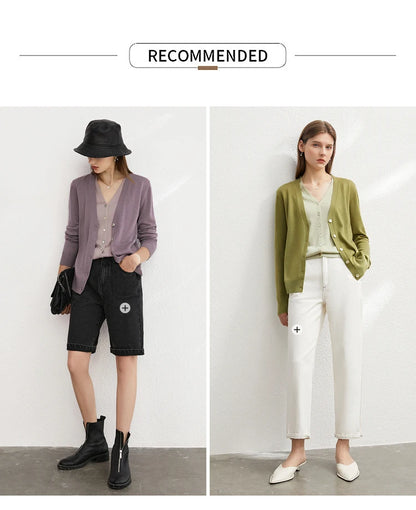Damen-Strickjacke mit V-Ausschnitt und Knopfleiste, lila und olivgrün