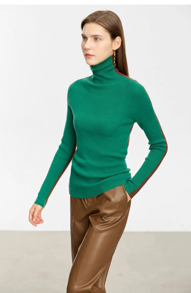Damen-Rollkragenpullover 100 % Wolle Farbkontrast Slim Fit Frühling