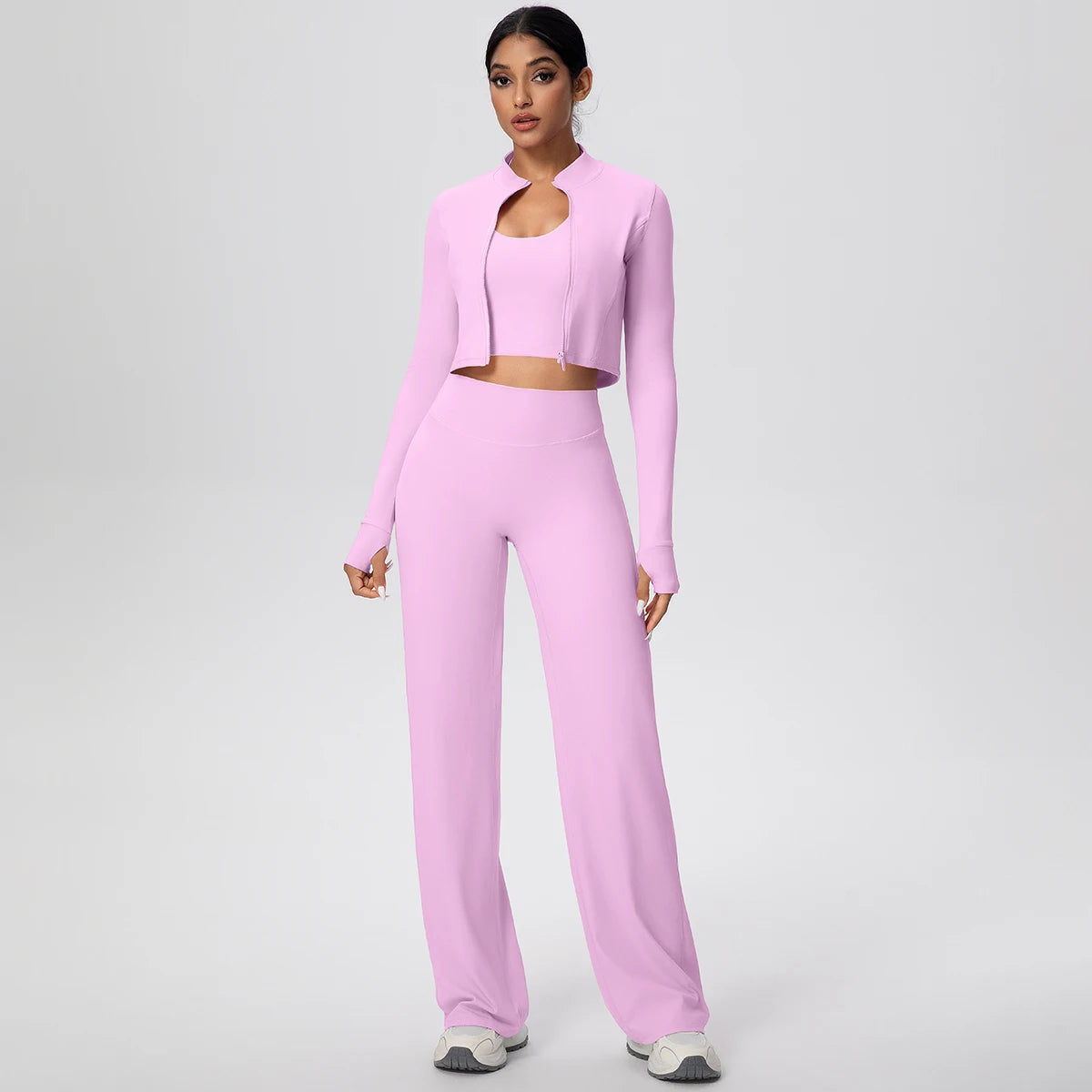 Damen Yoga-Set: langarmiges Crop-Top und weite Hose, pink