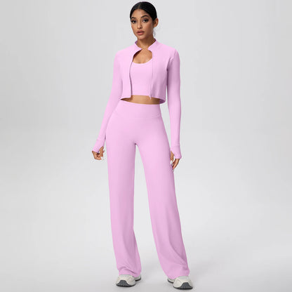 Damen Yoga-Set: langarmiges Crop-Top und weite Hose, pink