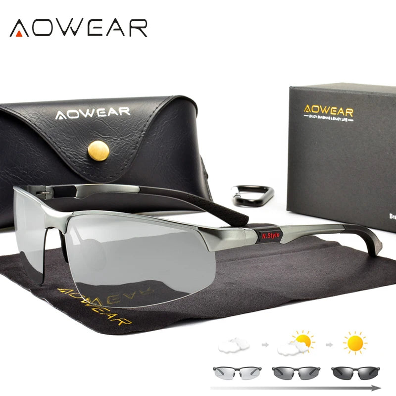 AOWEAR Photochrome polarisierte randlose Sonnenbrille für Herren, Tag und Nacht, Fahren, Chamäleon-Brille, Autofahrer, blendfreie Brille