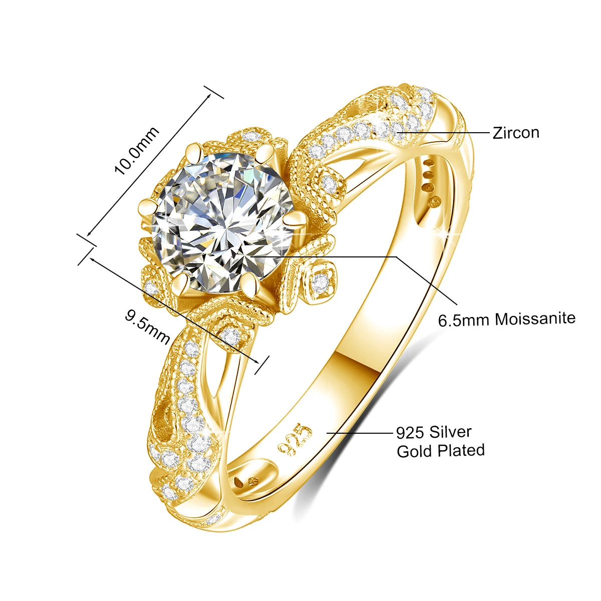Damen-Halo-Verlobungsring im Viktorianischen Filigran-Design, 18K Goldplattiert Moissanit