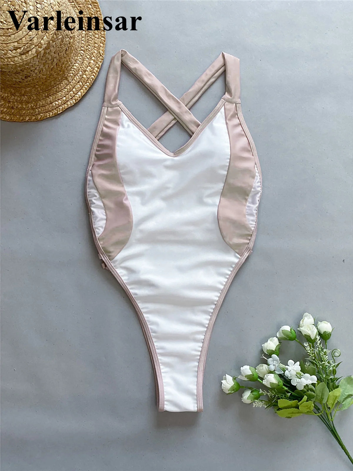 Damen Badeanzug Spleiß V-Ausschnitt Kreuzrücken hoher Beinausschnitt Monokini
