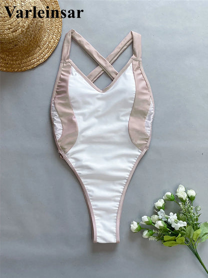 Damen Badeanzug Spleiß V-Ausschnitt Kreuzrücken hoher Beinausschnitt Monokini