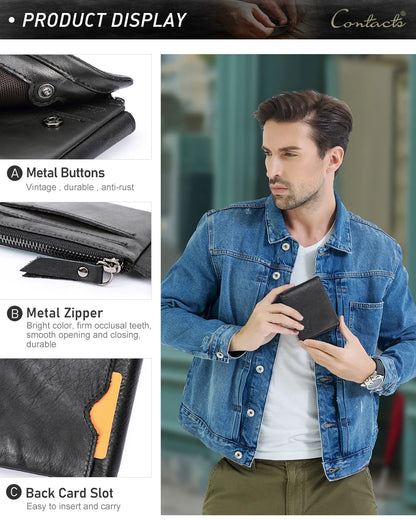Herren Echtleder Geldbörse Vintage Trifold Haspe Reißverschluss Kartenhalter Geldclip