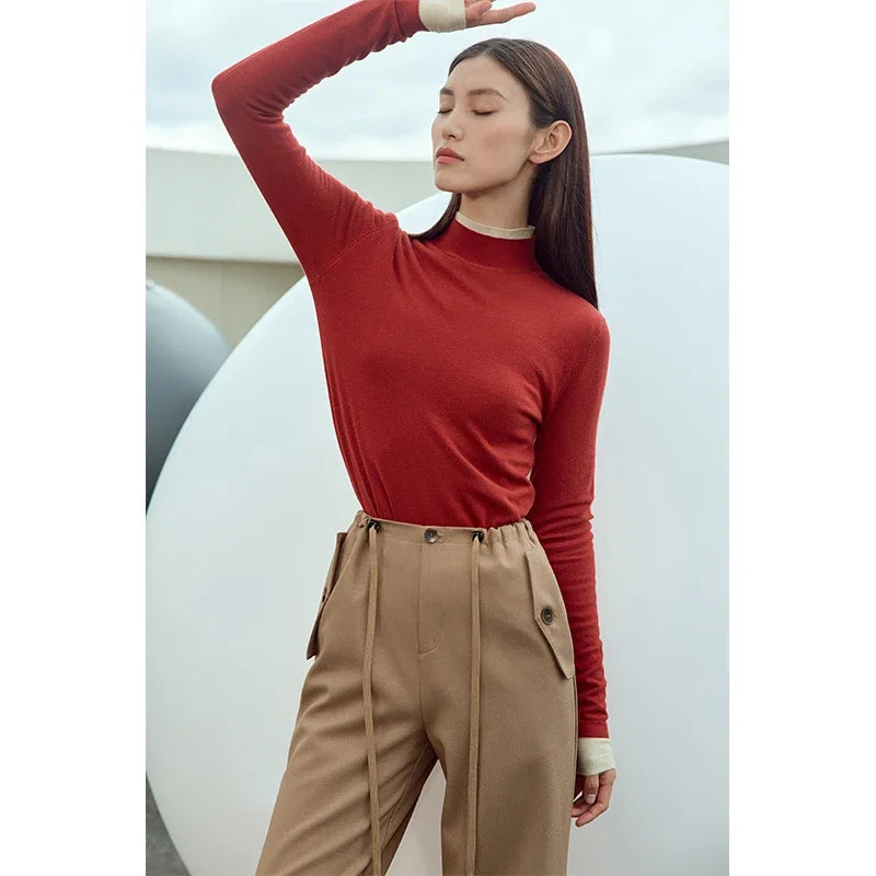 Damenpullover langarm, rot, schmaler Strickpulli mit geradem Ausschnitt