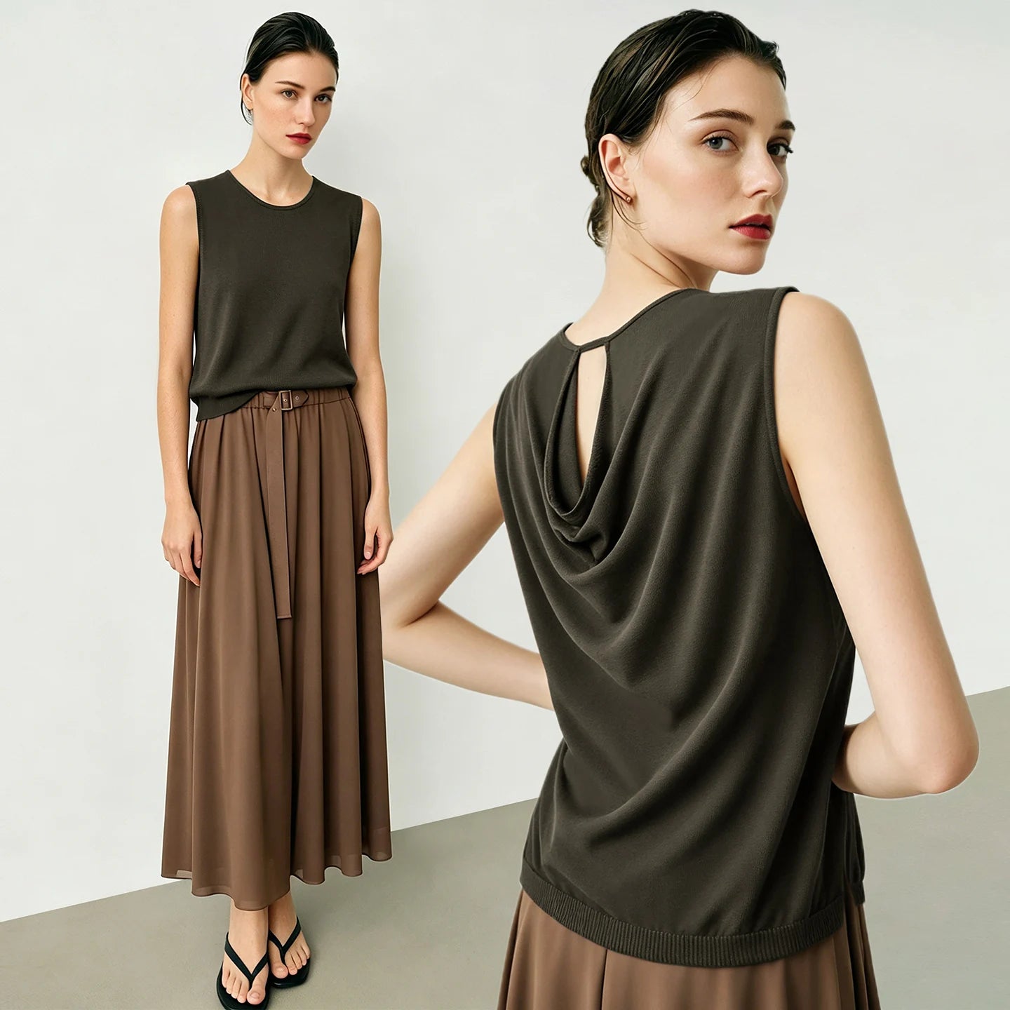 Damen-Rundhalspullover ärmellos Drapierung Cut-Out Lyocell Sommer