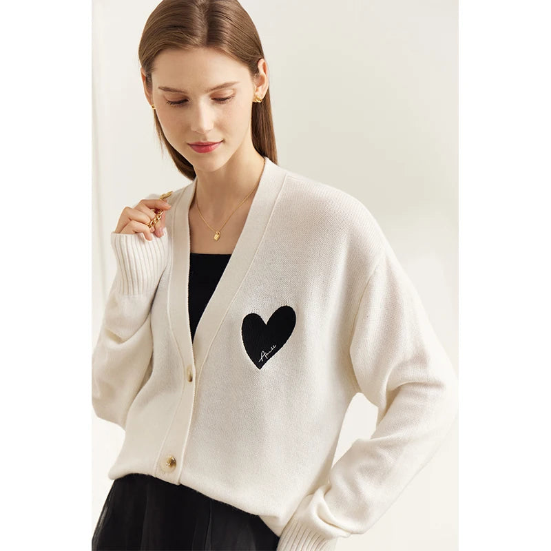 Damen-Strickjacke V-Ausschnitt Wollstickerei locker romantisch Winter
