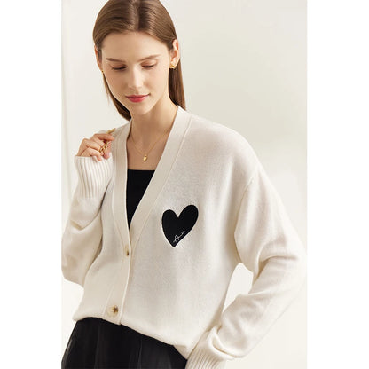 Damen-Strickjacke V-Ausschnitt Wollstickerei locker romantisch Winter
