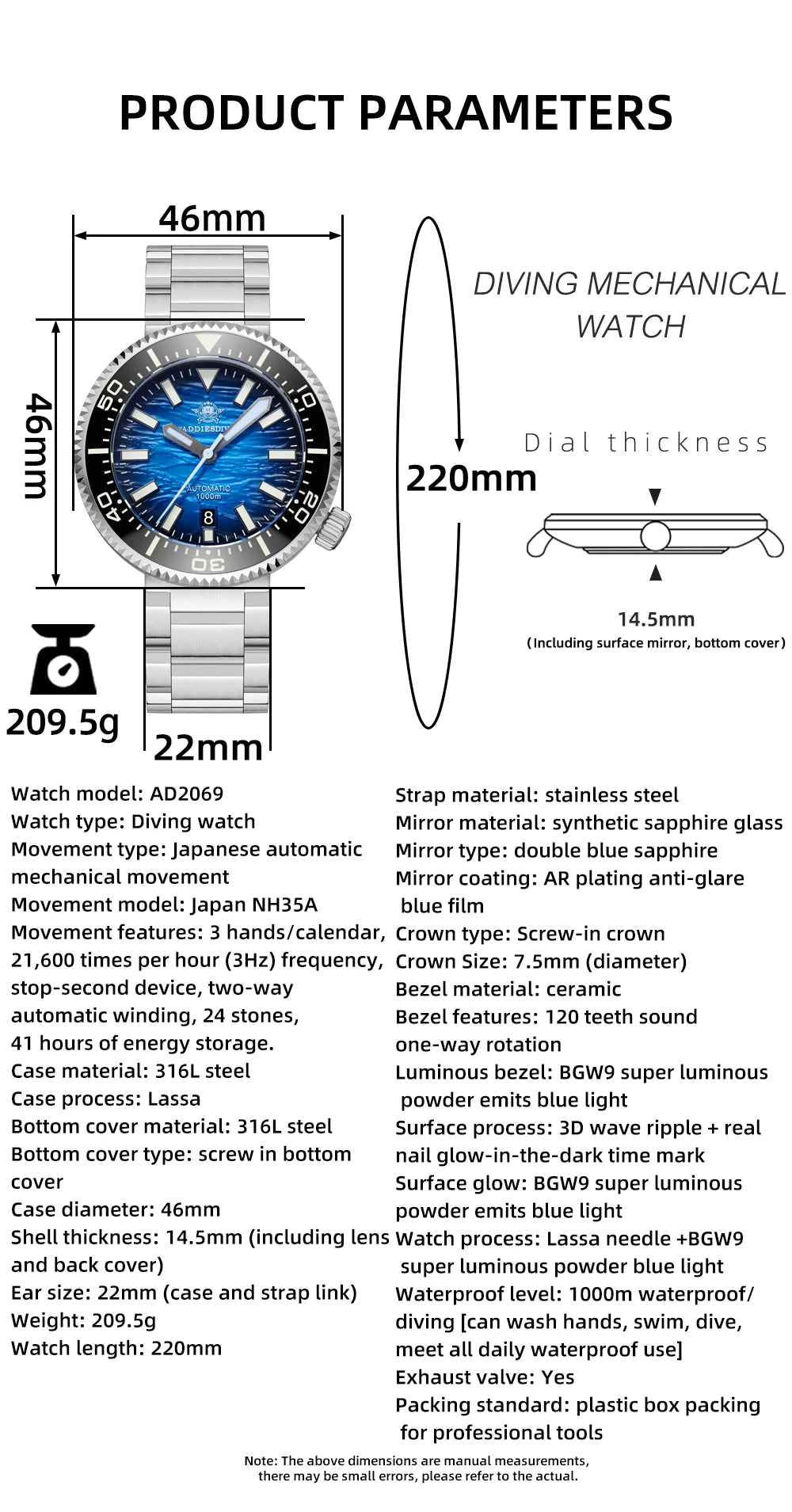 Herren-Profi-Taucheruhr mit 1000 m Wasserdichtigkeit und Saphirglas